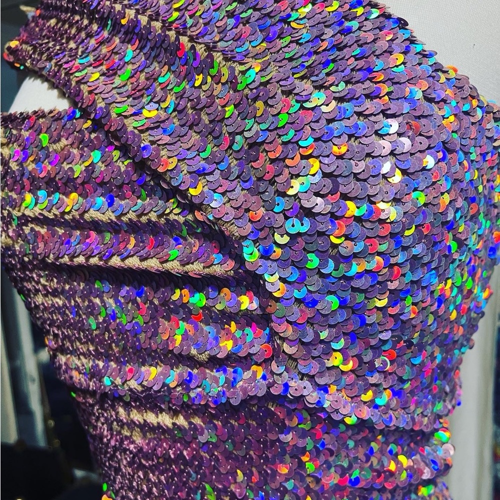 ASOS XS Pink holographic sequin one shoulder flattering party dress, fest, rave